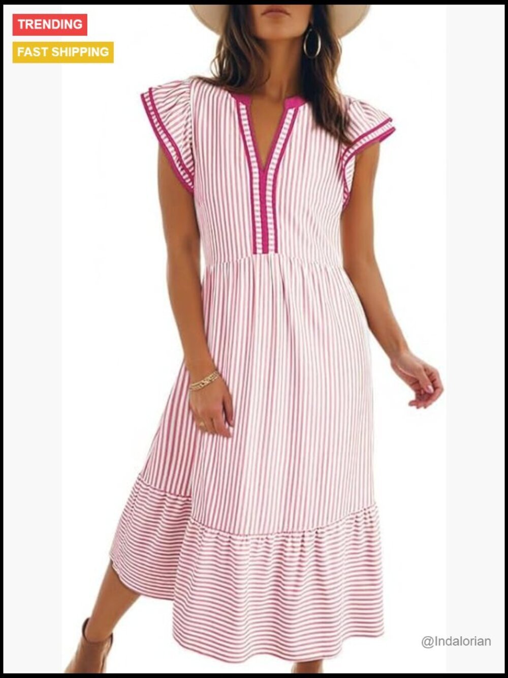 V-Neck Ruffle Cap Sleeve Empire Waist Flowy Striped Midi Maxi Dress with Pockets